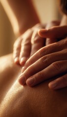 Close-Up Macro of Therapist's Hands Massaging Shoulders in Warm Golden Light