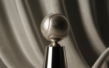 Closeup of a metallic trophy with a ball on top against draped fabric