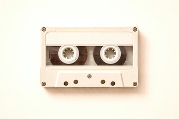 A white and brown cassette tape is sitting on a white wall