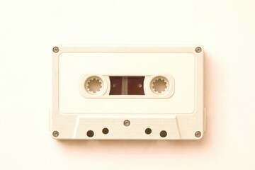 A white and brown cassette tape is sitting on a white wall