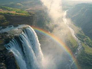 A bright rainbow appears in mist beside a powerful waterfall flowing over a steep rocky cliff.