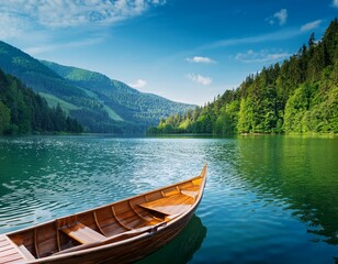 Obraz premium tranquil watercraft evergreen slopes a wooden boat on serene waterscape