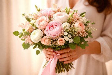A woman is holding a bouquet of flowers in her hands