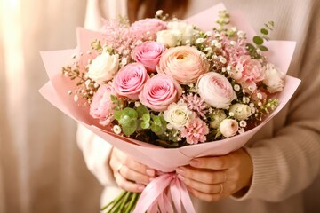 A woman is holding a bouquet of flowers in her hands
