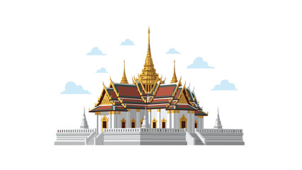 Grand traditional Thai temple with elegant golden roofs and white tiered walls, surrounded by clouds, symbolizing spiritual sanctuary and cultural beauty.