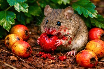 A small mouse is eating a red fruit