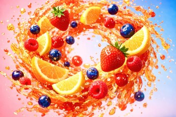 A fruit salad is shown in a splash of orange juice