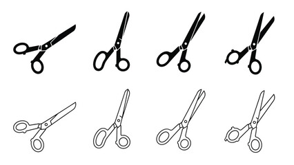 A collection of different style scissors depicted in a black and white illustration
