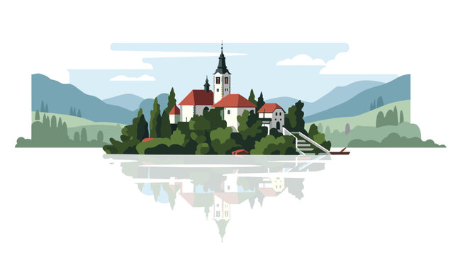 Iconic Lake Bled with its picturesque island church and castle reflected perfectly on the serene water, surrounded by rolling hills and lush trees.