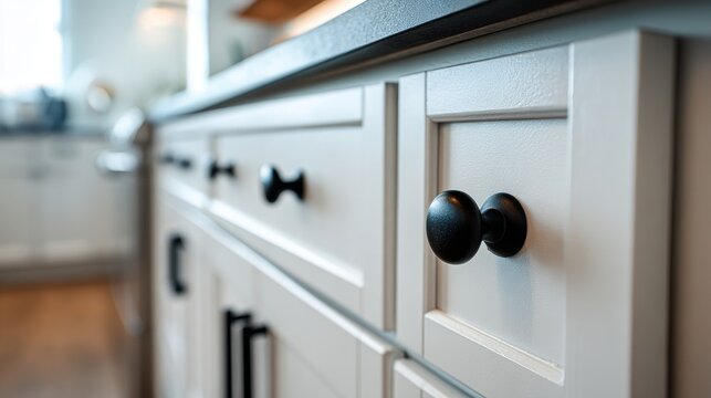 Close-up of white shaker-style kitchen cabinets with modern matte black hardware and round knobs