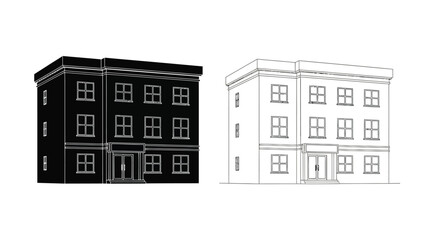 Two building outlines one solid black and one white line drawing