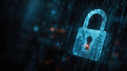 Cybersecurity Concept with Digital Padlock on Dark Binary Code Background