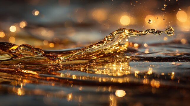 Golden Motor Oil Stream in Mid-Air Macro with Reflective Surfaces - Powered by Adobe
