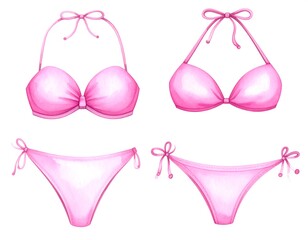 Watercolor illustration of two pink bikini sets