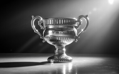A shiny silver trophy cup with handles on a table in a dark room with spotlight