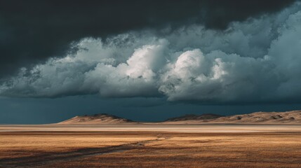 Dramatic Storm Clouds Over a Vast Dry Plain with Distant Hills and Golden Field
