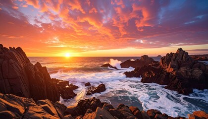 Vibrant Sunset Over Ocean Waves Crashing Against Rocky Coastline