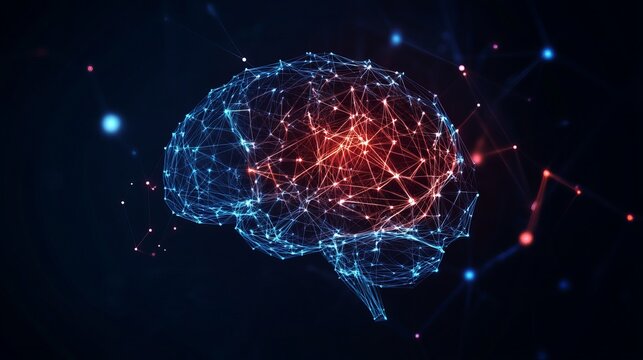 A digital illustration of a human brain with glowing blue and red neural connections on a dark background