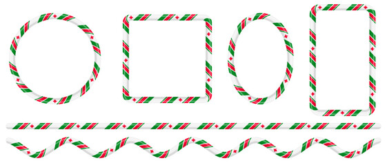 Set of candy cane borders in the shape of square, circle and oval. Vector Christmas candy frames. Striped candy lollipop pattern. Editable stroke 