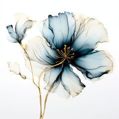 Abstract blue and gold flower illustration in alcohol ink style isolated on white background with transparent petals