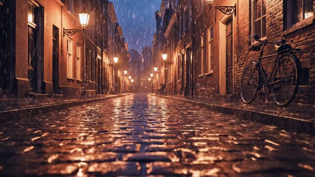 Empty cobblestone street in old town at night with bicycle in rain. Cozy european city alley during wet weather with lanterns reflecting on puddles.