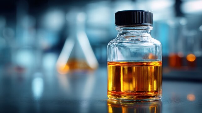 Glass bottle with yellow chemical liquid in a laboratory setting
