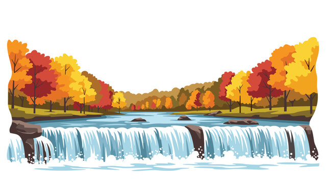 Breathtaking autumn landscape showcasing a wide, powerful waterfall flowing through a vibrant forest of red and orange foliage, an ideal natural scene.