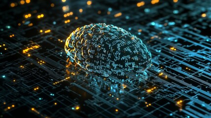 A futuristic digital brain with glowing circuits and wires on a dark background with blue and orange lights