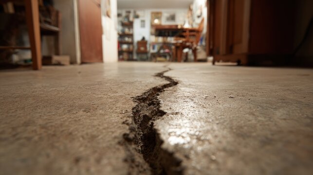 Large crack in concrete floor of house basement, sign of foundation failure or earthquake damage