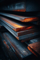 Cinematic Industrial Still Life of Stacked Steel Beams with Sharp Contrast