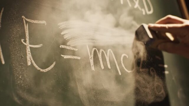 Famous E=mc&sup2; Equation Being Erased from Chalkboard Symbolizing Knowledge and Discovery