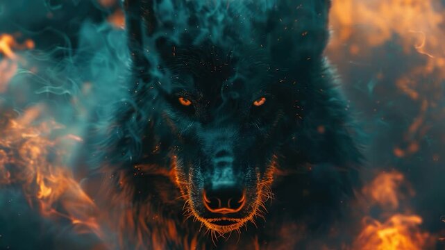 Video A close-up shot of a wolf's face with flames in the background, perfect for use in fantasy or adventure-themed projects