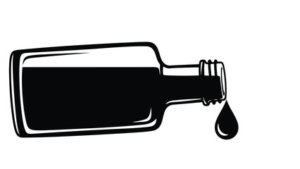 A simple black and white illustration of a bottle with a single drop