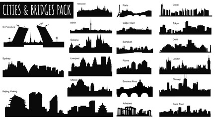 City Skyline Silhouette Collection: A diverse collection of iconic city skylines and bridges, rendered in striking black silhouette.