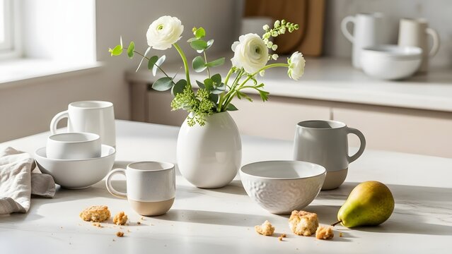 &ldquo;Minimal kitchen countertop with neutral ceramics and fresh flowers, lifestyle editorial look.&rdquo;