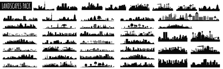 Landscape Silhouette Collection: A diverse collection of landscape silhouettes. It's ideal for use in various creative projects. The silhouettes capture the essence of different landscapes.