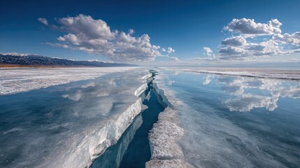 Massive crack in the thick blue ice of a frozen lake with reflections of a cloudy sky and mountains in the distance