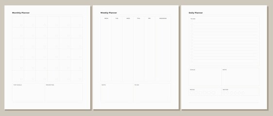 Minimal daily, weekly and monthly digital planner templates. Neutral modern design.