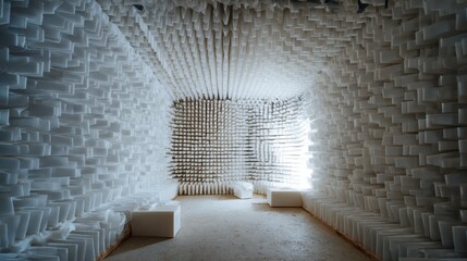 Modern architectural interior with white acoustic blocks and bright light source