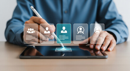 Person selecting a profile on a digital interface, representing recruitment or HR.