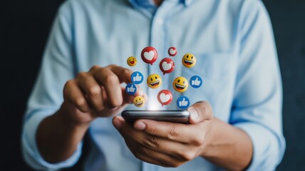 Digital Interaction: Capturing the essence of connection, this image showcases a person interacting with social media symbols via a mobile phone, representing modern communication and engagement.