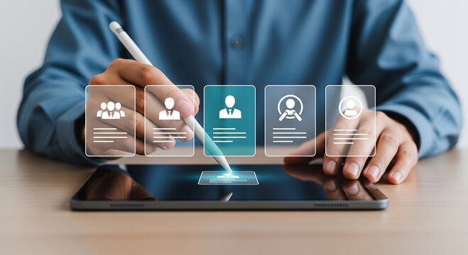 Person selecting a profile on a digital interface, representing recruitment or HR. - Powered by Adobe