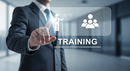 Businessman's finger touches screen with training icon, symbolizing learning and development