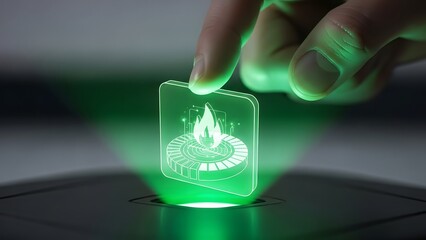 Digital Holographic Display of a Fiery Energy Symbol Integrated with a Circular Progress Indicator, Activated by a Human Finger
