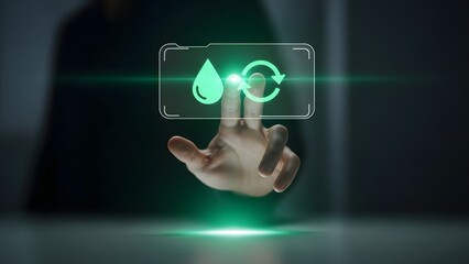 Digital interface displaying water droplet and recycling arrows icons, representing sustainability and resource management