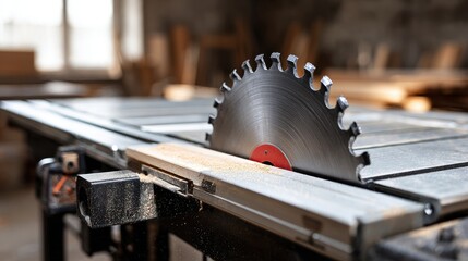 Professional table saw with sharp circular blade in a woodworking workshop