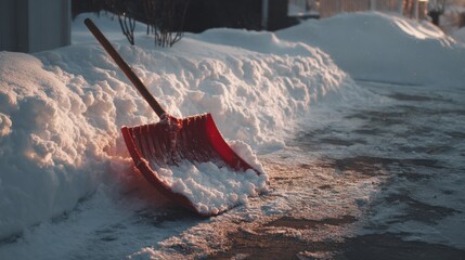 Red snow shovel on a partially cleared path next to a snow pile on a sunny winter day