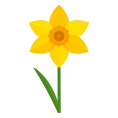 Flat illustration of a yellow daffodil with a green stem and leaf