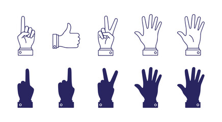 A collection of hand gestures representing numbers from one to five and other signs