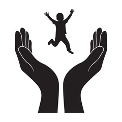 A silhouette illustration of child protection and freedom, with hands cradling a jumping child